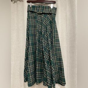 Zara Womens size S Skirt Black green Plaid Midi A Line Woven Belt Loops Zip